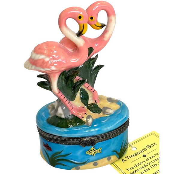 Tropical Pink Flamingo Hinged Ceramic Trinket Box Pool Beach Sunglasses Hat VTG - Picture 1 of 6